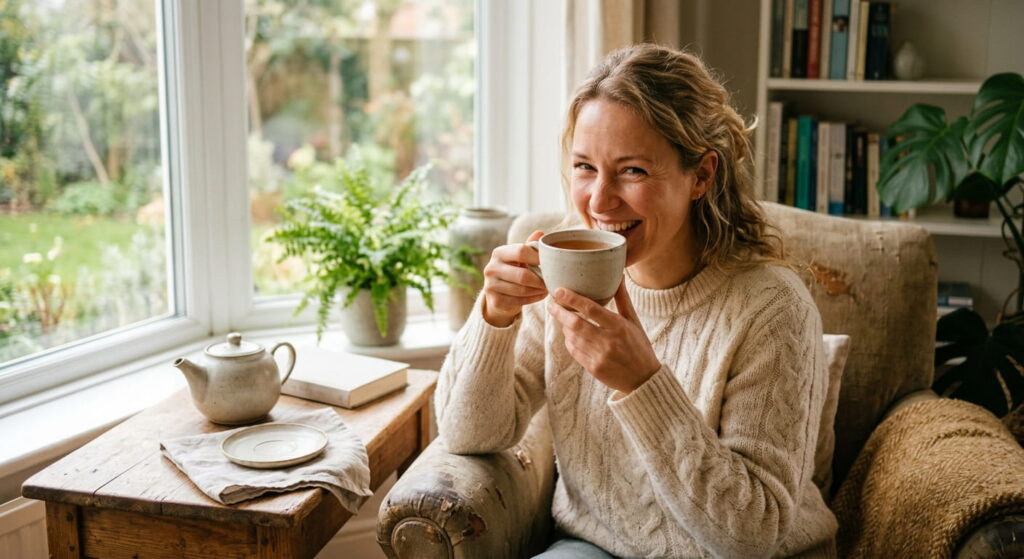 glückliche Frau trinkt Tee tee-infos.de Sidebar